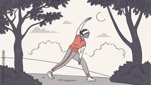 A woman in sportswear doing a side stretch in a park with trees and bushes, enjoying the outdoors and maintaining a healthy lifestyle through exercise