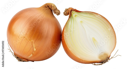 Fototapeta Naklejka Na Ścianę i Meble -  Isolated Yellow Onion Bulb and Halved Piece, Raw Fresh Vegetable Produce, Food Prep Ingredient