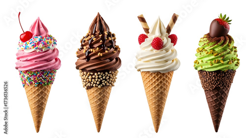Ice cream cones on isolated background. Generative AI, collection of delicious ice cream in waffle cone, isolated on transparent background cutout, png different flavors mockup for design