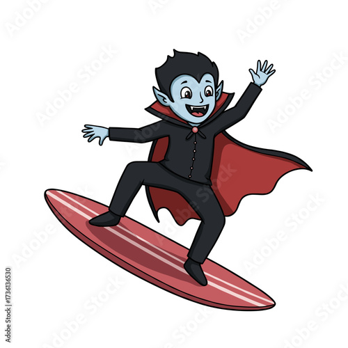 Cartoon vampire surfing on a red-striped board, wearing a black suit and red-lined cape, smiling confidently.