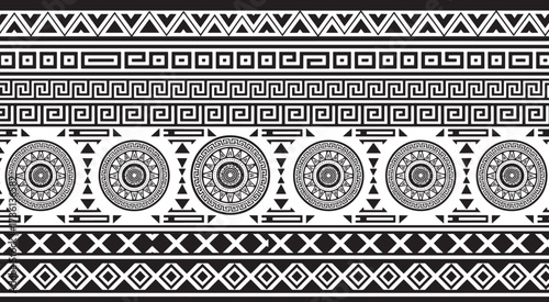 Intricate aztec pattern isolated on white background featuring geometric shapes, circles, and lines in a symmetrical and visually appealing design