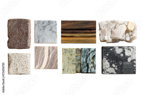 Various types of natural stone and marble samples arranged together  