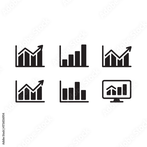 A set of six black vector icons depicting various types of bar charts and line graphs, illustrating concepts like growth, decline, and data analysis.