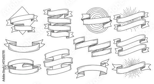 Hand Drawn Ribbon Banners and Frames Collection Isolated on White Background sketch vintage