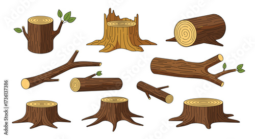 Assortment of Wooden Tree Stumps and Logs with Leaves on White Background Keywords: tree stump, log, wood, timber, lumber, forest, nature, deforestation, cut tree, trunk, branch, bark, rings