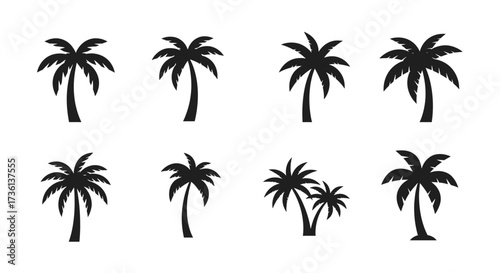 Collection of Black Palm Tree Silhouettes on White Background Keywords: palm tree, silhouette, tropical, tree, nature, island, beach, summer, vacation, travel, exotic, plant, flora, vegetation