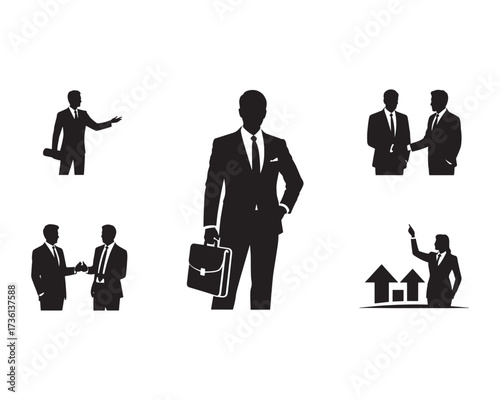 A collection of black and white silhouettes depicting business people in professional situations like meetings, handshakes, and presentations.