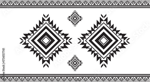 A striking black and white geometric pattern isolated on white background featuring diamond shapes and tribalinspired designs for a modern, minimalist aesthetic