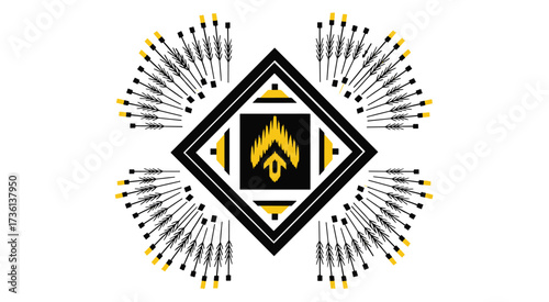 Abstract tribal design isolated on white background showcasing a unique blend of geometric shapes and symbolic elements, creating a visually captivating artwork