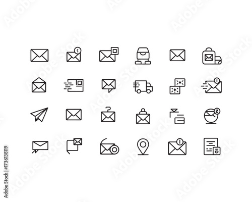 A collection of twenty-four black outline icons representing mail, email, correspondence, and delivery services on a white background.
