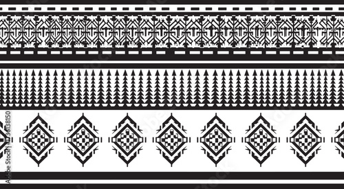 A sophisticated black and white border pattern isolated on white background showcasing intricate geometric and tribalinspired designs for a refined touch