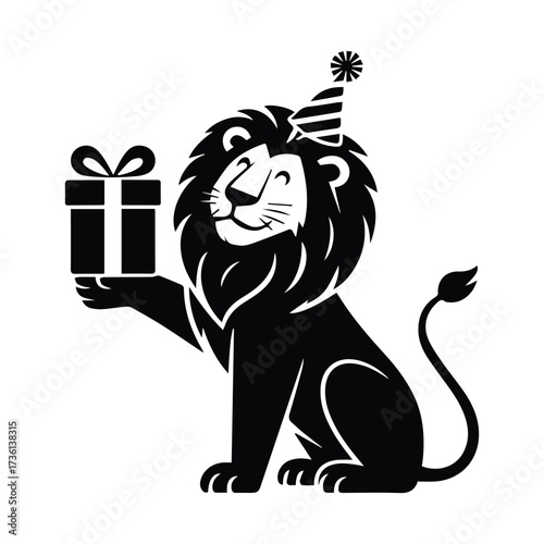Joyful lion wearing party hat holding gift box celebrating a birthday with happiness silhouette