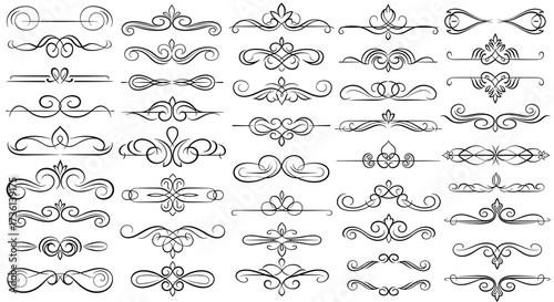 Collection of Ornate Decorative Flourishes and Swirls for Design and Borders Keywords: flourish, swirl, ornate, decorative, vintage, elegant, border, divider, ornament, calligraphy, design element