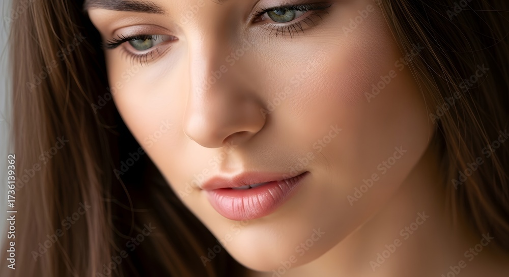 custom made wallpaper toronto digitalClose-up portrait of a young woman with long hair, soft natural light highlighting her calm, thoughtful expression and delicate features.