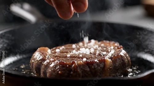 A hand sprinkles coarse sea salt onto a sizzling, well-seared steak cooking in a hot cast iron pan, with steam rising.
