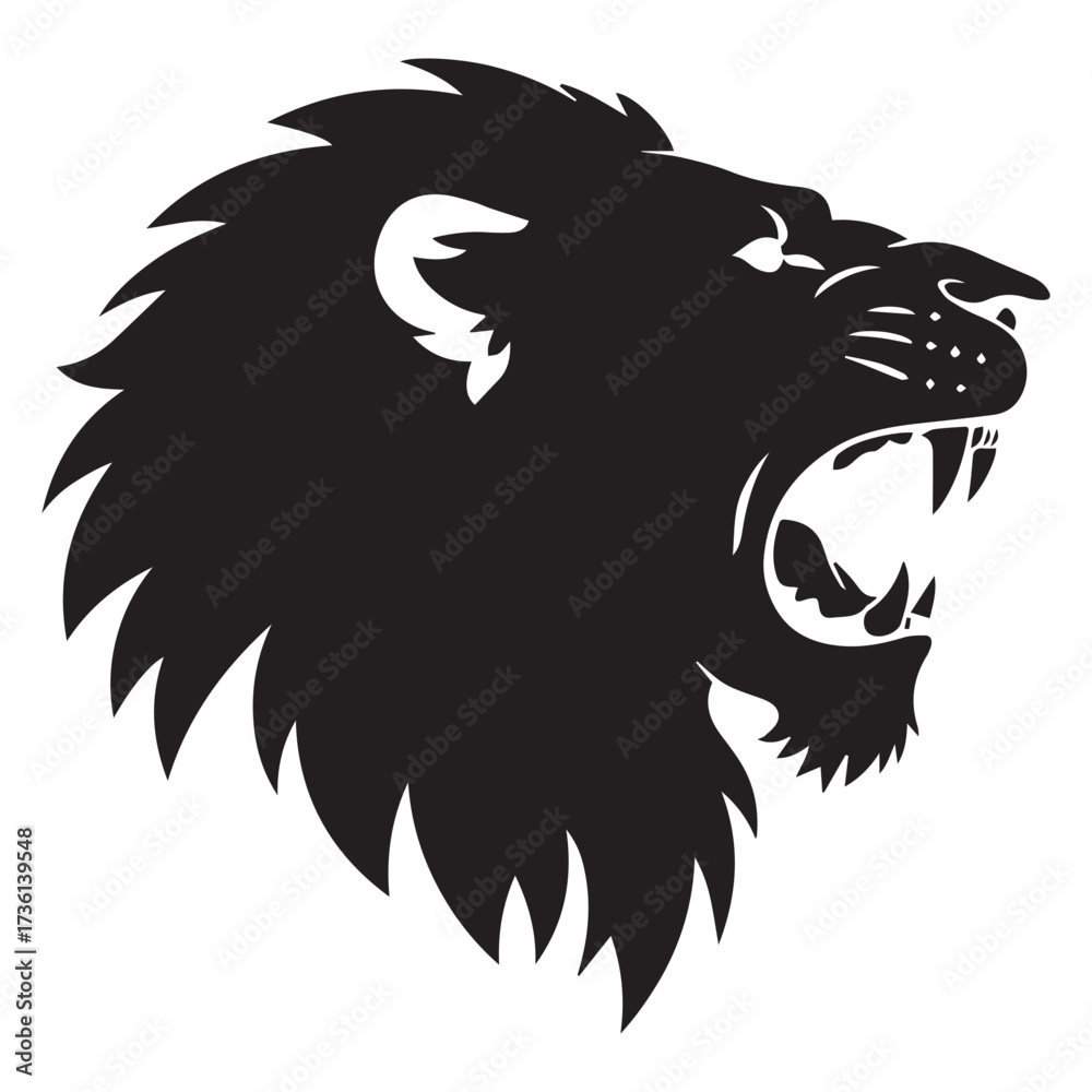 Obraz premium Black Silhouette of a Roaring Lion Head Profile Keywords: lion, head, silhouette, black, white