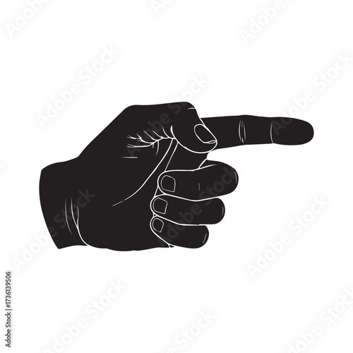 Black silhouette of a pointing hand on white background