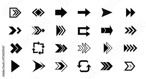 Collection of twenty-four black arrow icons in various shapes, styles, and directions on a white background