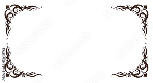 Decorative Ornate Corner Flourishes in Dark Brown on White Keywords: corner, flourish, ornate, decorative, border, design, vintage, elegant, scroll, swirl, filigree, graphic, illustration, antique