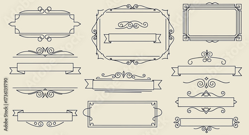 Collection of decorative vintage frames and banners with ornate swirls and lines Keywords: vintage, frame, banner, border, ornate, decorative, flourish, swirl, elegant, design, element, graphic