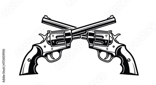 Detailed Black and White Illustration of Two Crossed Revolver Pistols weapon firearm