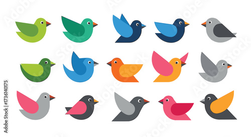 Fifteen colorful flat design cartoon birds in various poses and colors on a white background Keywords: bird, birds, cartoon, flat design, illustration, colorful, green, blue, orange, pink, gray