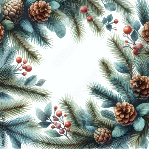 Seamless pattern blue spruce branches, christmas wreath with and flowers. Hand drawn illustration Coniferous tree branch 