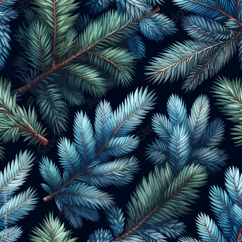 Seamless pattern blue spruce branches, christmas wreath with and flowers. Hand drawn illustration Coniferous tree branch 