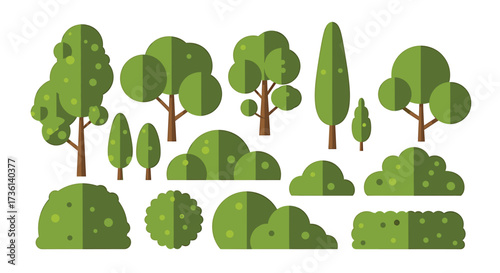 Flat design illustration of various green trees and bushes on a white background Keywords: trees, bushes, plants, nature, garden, park, landscape, foliage, green, leaves, branches, trunks, shapes