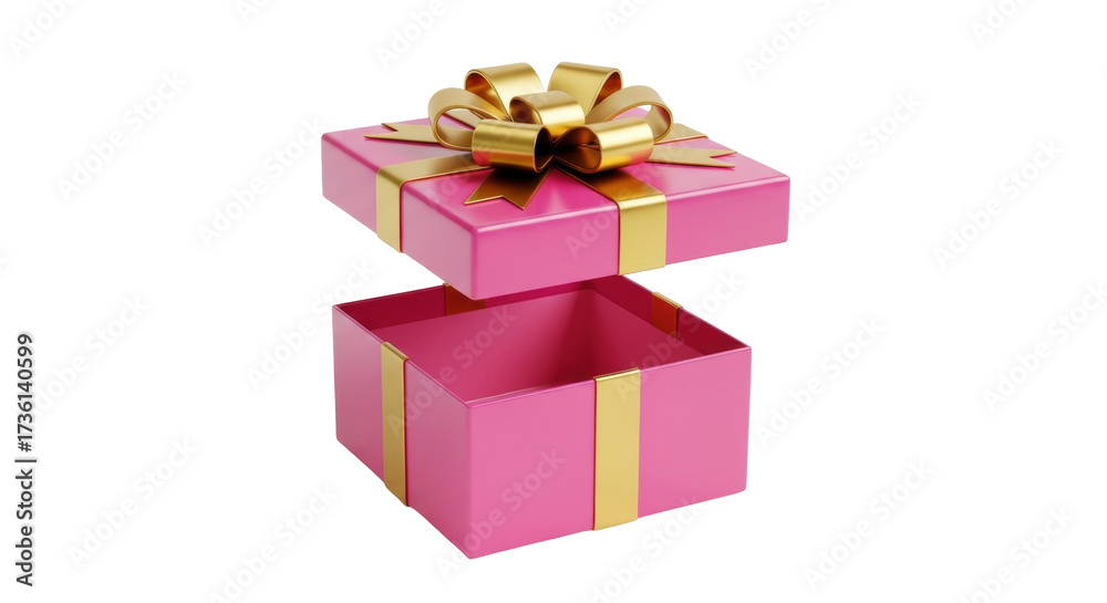 Obraz premium Isolated pink gift box with gold ribbon and bow, perfect for a present or special occasion