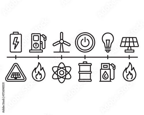 A diverse set of line art icons illustrating different forms of energy, from renewable sources to fossil fuels.