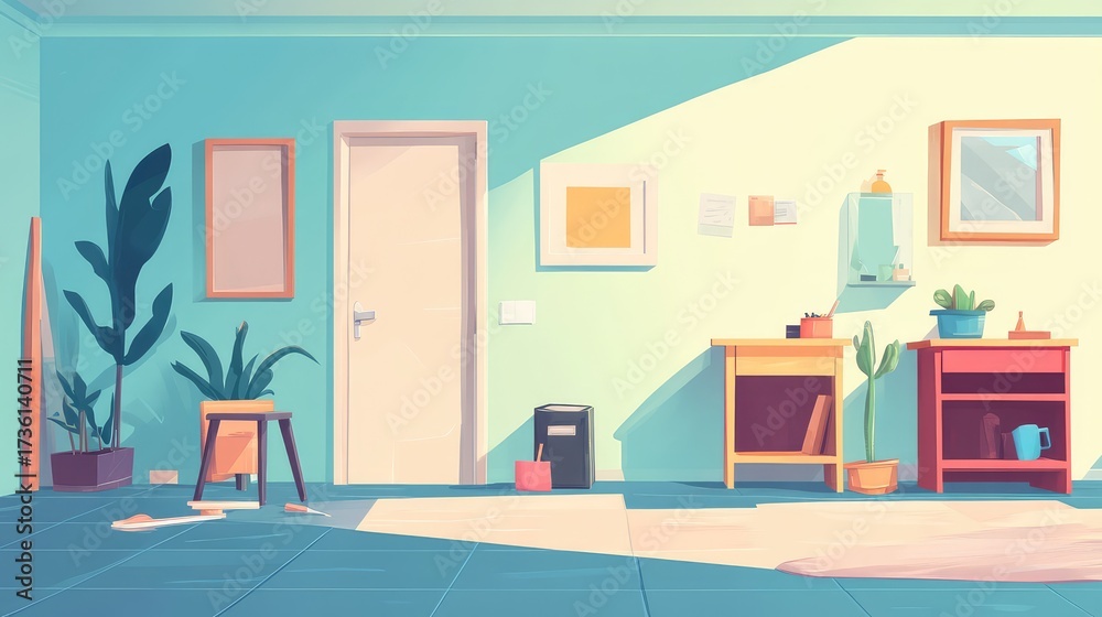 Fototapeta premium Minimalist room interior with sunlight and plants