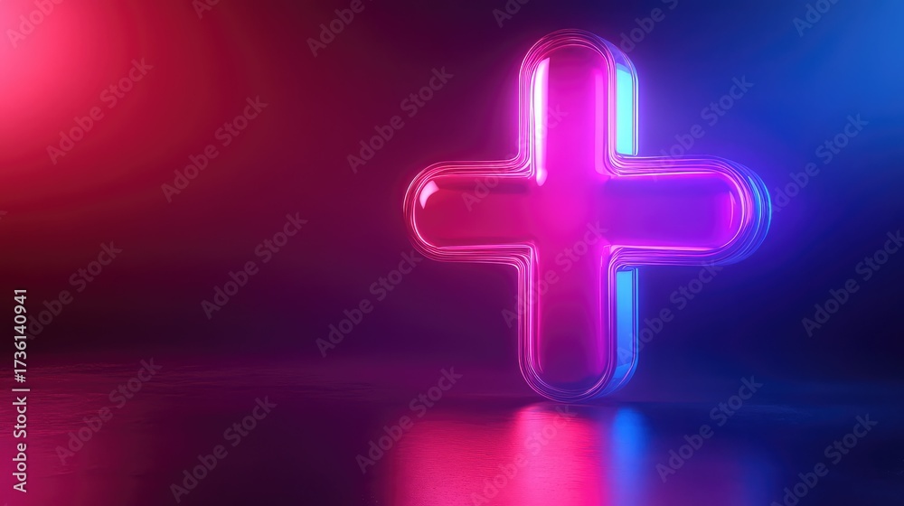 Fototapeta premium Plus sign glowing with neon purple blue light