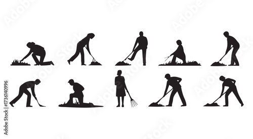 Gardener Silhouettes Working with Tools and Plants