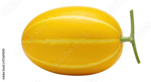 Isolated oriental melon with stem, edible cucumis melo fruit, vegetarian healthy diet snack
