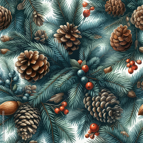 Seamless pattern blue spruce branches, christmas wreath with and flowers. Hand drawn illustration Coniferous tree branch 
