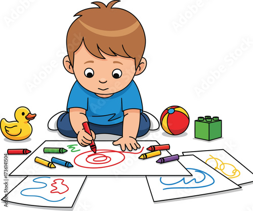 Cartoon Character Vector Illustration of Creative Young Boy Drawing with Crayons