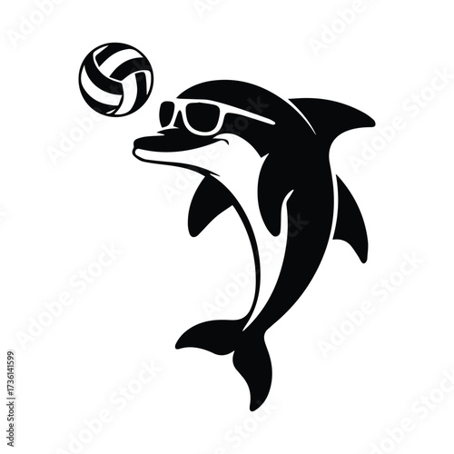 Playful dolphin wearing sunglasses bounces volleyball skillfully during sunny day silhouette