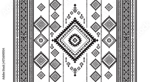 Minimalist tribal pattern with diamond shapes, creating a clean black and white textile design with a modern and elegant visual appeal, isolated on white background