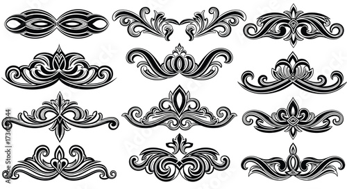 Set of Elegant Black and White Decorative Ornaments and Flourishes Keywords: ornament, flourish, decorative, elegant, vintage, classic, symmetrical, design element, graphic, art nouveau, victorian