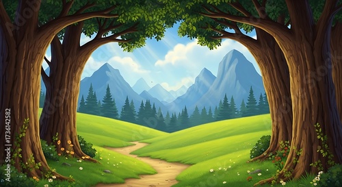 Enchanted forest pathway to majestic mountains landscape illustration art