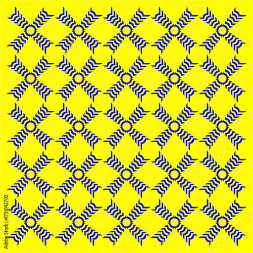 A vibrant yellow canvas adorned with interlocking indigo star-like patterns, radiating rhythmic symmetry, weaving geometry and repetition into a captivating optical illusion.