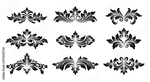 Set of nine ornate black floral scrollwork and flourish design elements on a white background decorative