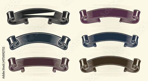 Set of Engraved Style Ribbons Banners in Various Colors Keywords: ribbon, banner, scroll, vintage, retro, engraved, hatched, decorative, element, design, graphic, illustration, collection, set