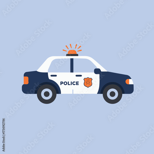 Police Car Icon with Flashing Light on Blue Background