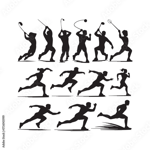 Silhouettes of athletes in various sports actions running