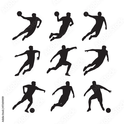 Silhouettes of handball and soccer players in action