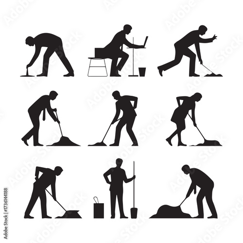 Silhouettes of people cleaning and working with tools