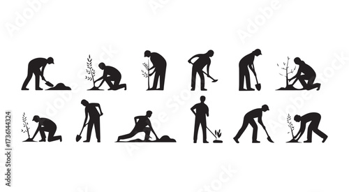 Silhouettes of people planting trees and gardening