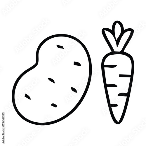 Black and white line art icon of a potato and a carrot. With potato, carrot, vegetable, root, vector illustration.